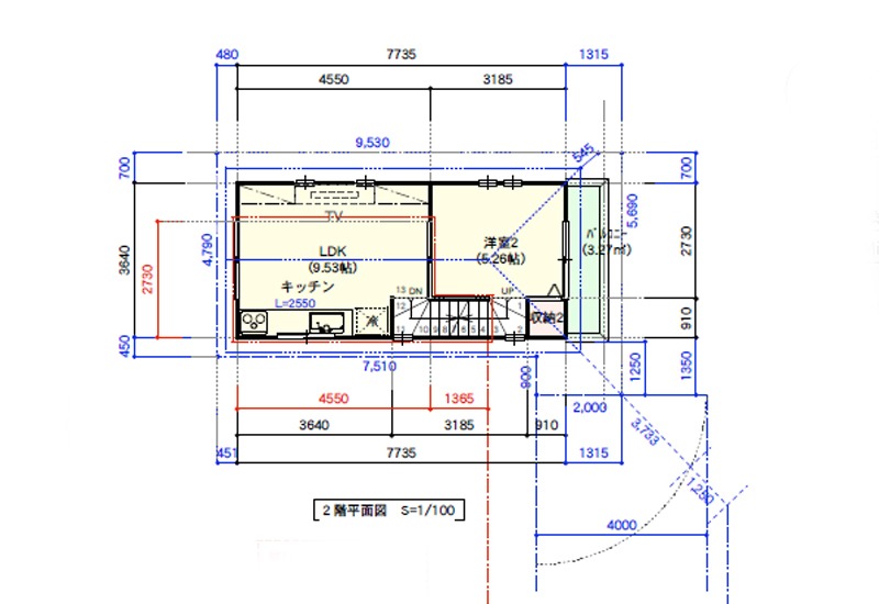 敷地14坪、間取り2LDKの2階建て